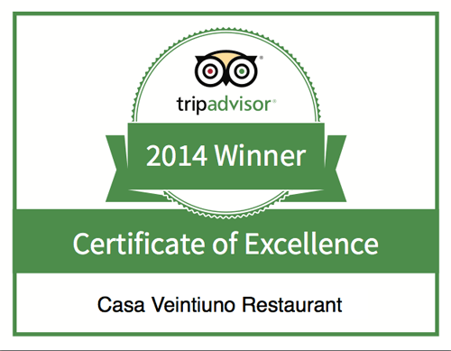Een Tripadvisor Award voor het Casa Veintiuno Restaurant